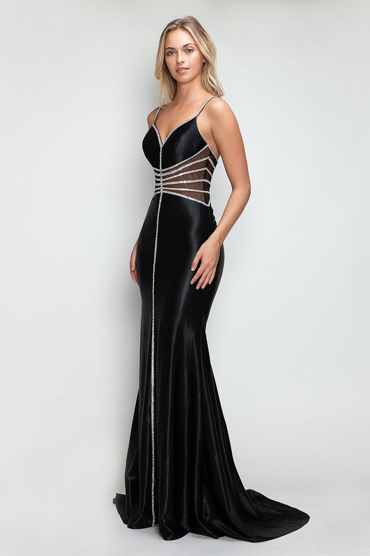 Beaded Sateen Fitted V-Neck Gown by Lenovia 8344