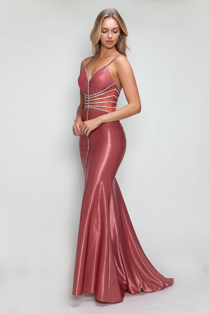 Beaded Sateen Fitted V-Neck Gown by Lenovia 8344
