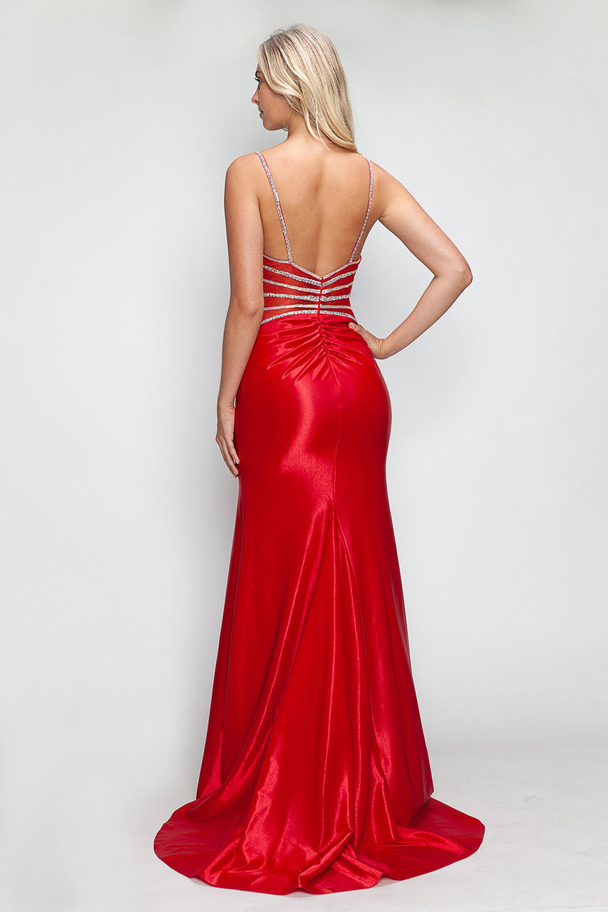 Beaded Sateen Fitted V-Neck Gown by Lenovia 8344