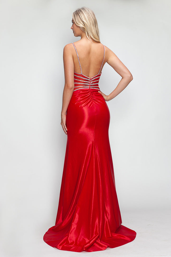 Beaded Sateen Fitted V-Neck Gown by Lenovia 8344