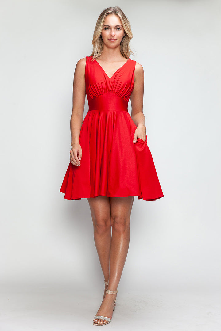 Satin Short V-Neck A-line Dress by Lenovia 3090