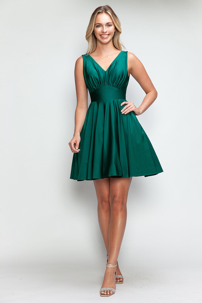 Satin Short V-Neck A-line Dress by Lenovia 3090