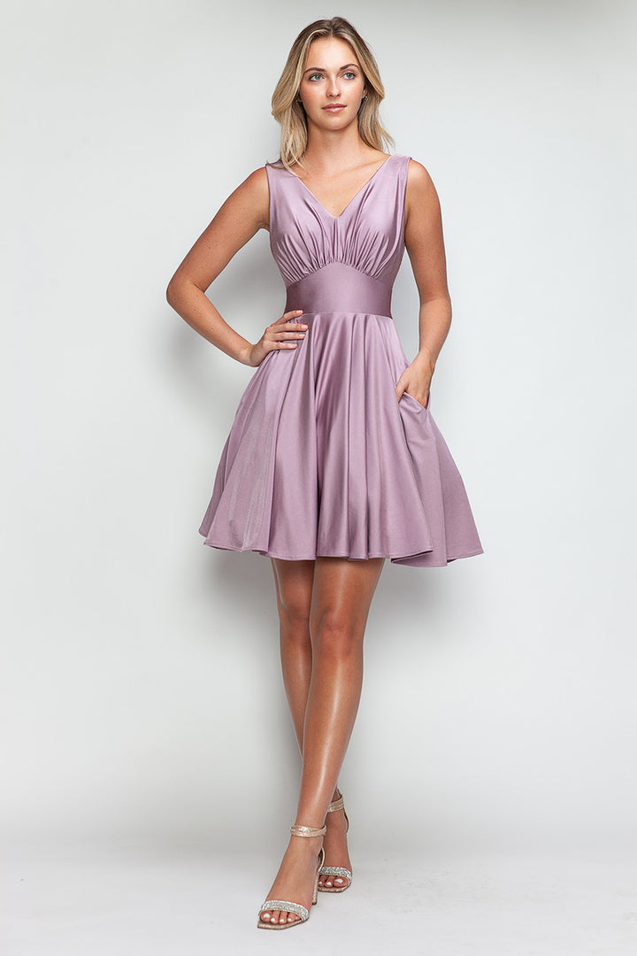 Satin Short V-Neck A-line Dress by Lenovia 3090