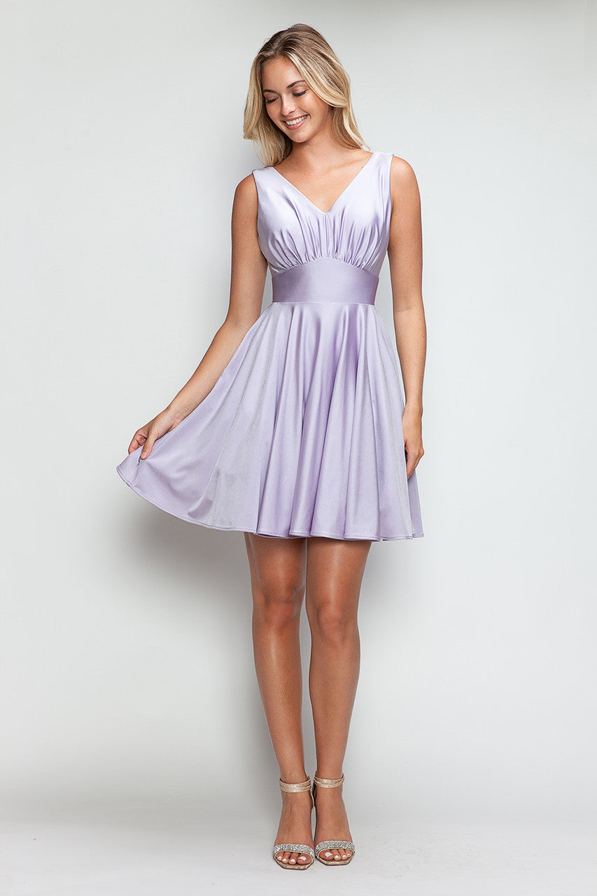 Satin Short V-Neck A-line Dress by Lenovia 3090