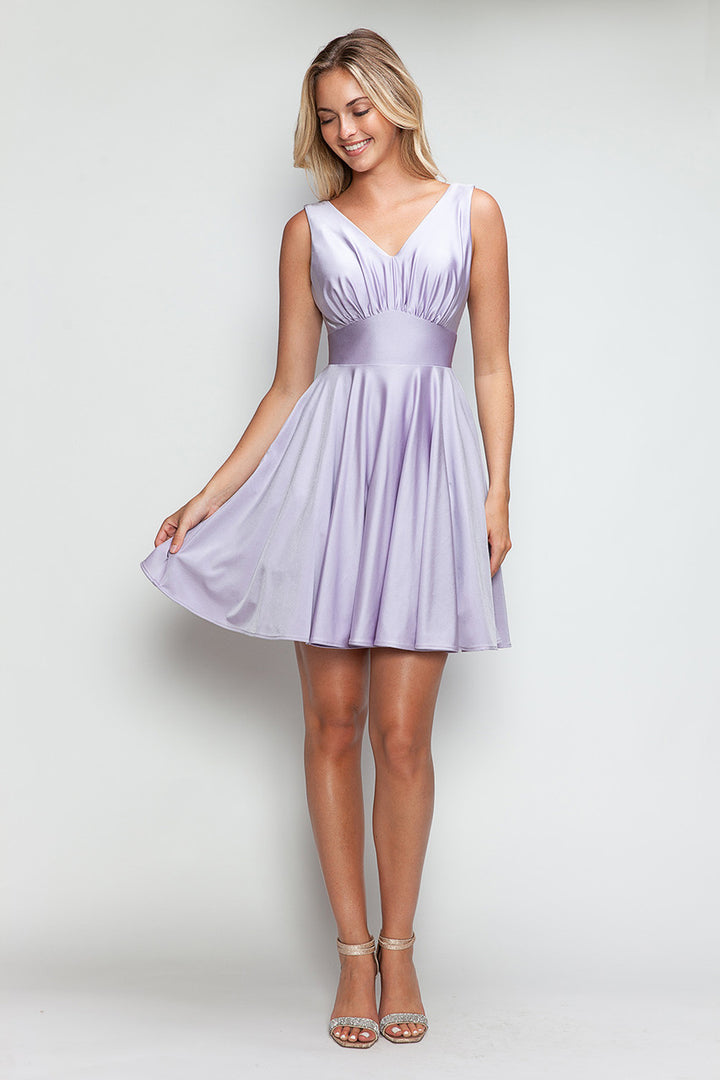 Satin Short V-Neck A-line Dress by Lenovia 3090