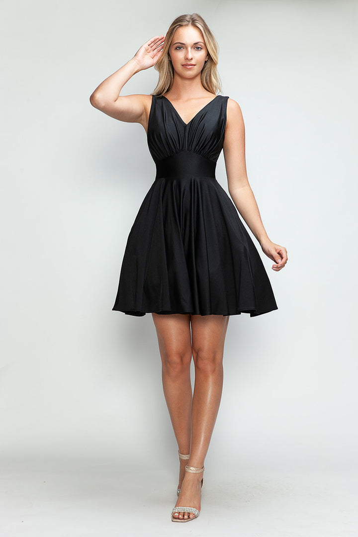 Satin Short V-Neck A-line Dress by Lenovia 3090
