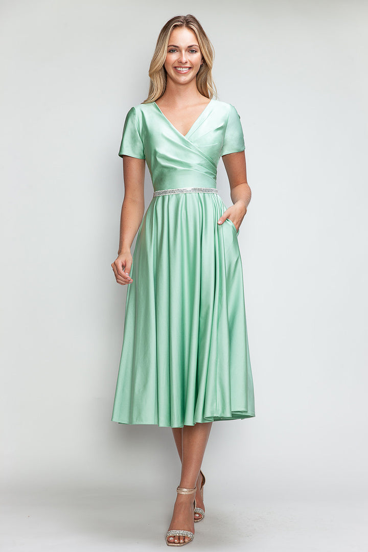 Satin Short Sleeve Tea Length Dress by Lenovia 5274