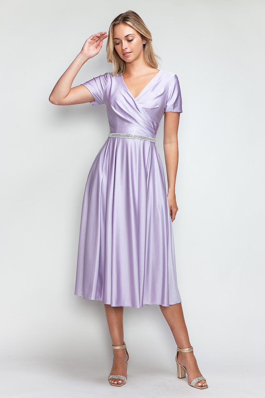 Satin Short Sleeve Tea Length Dress by Lenovia 5274