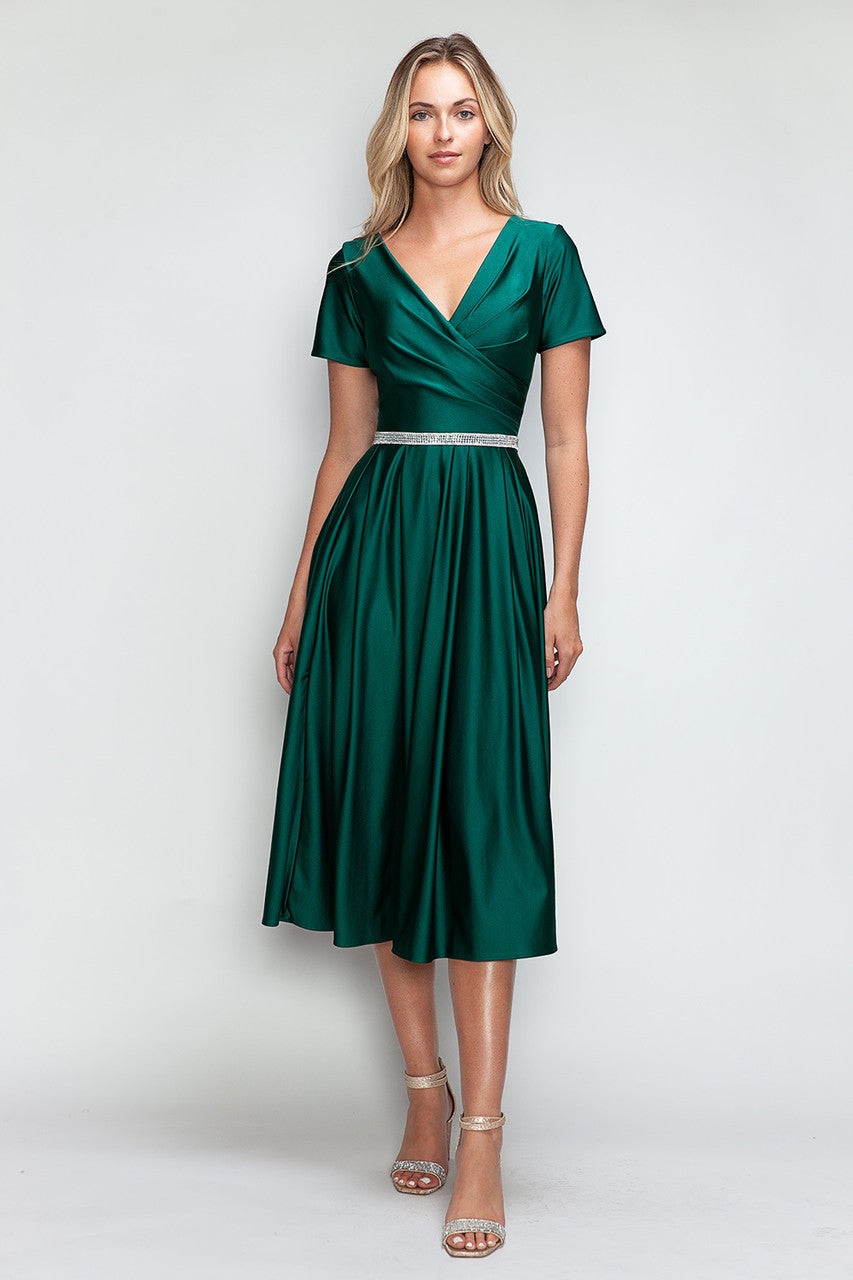 Satin Short Sleeve Tea Length Dress by Lenovia 5274