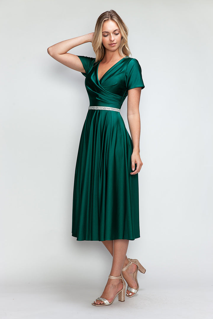 Satin Short Sleeve Tea Length Dress by Lenovia 5274