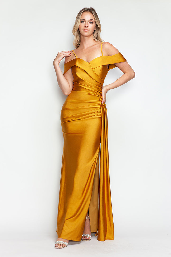 Satin Fitted Cold Shoulder Slit Gown by Lenovia 5320