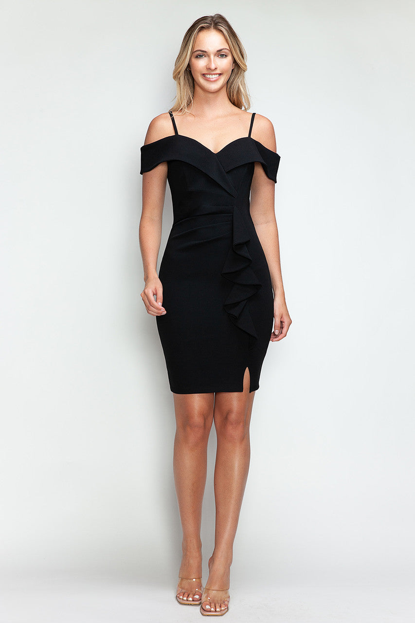 Crepe Short Cold Shoulder Ruffled Dress by Lenovia 3097