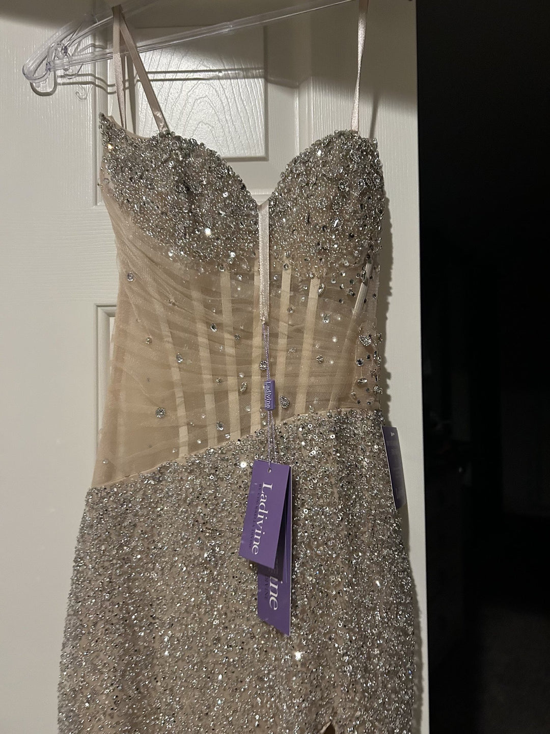 Beaded Fitted Strapless Slit Gown by Ladivine CD404