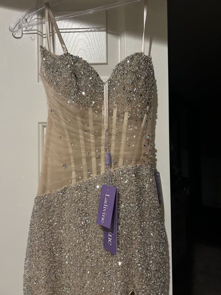 Beaded Fitted Strapless Slit Gown by Ladivine CD404