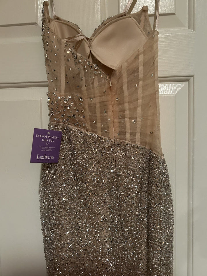 Beaded Fitted Strapless Slit Gown by Ladivine CD404