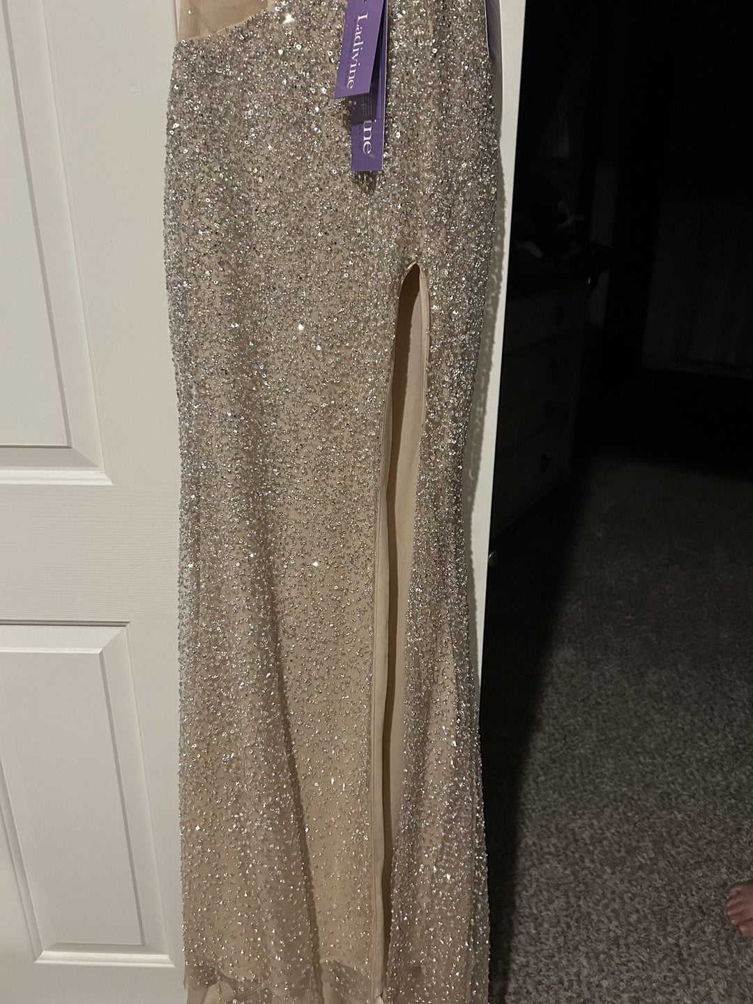 Beaded Fitted Strapless Slit Gown by Ladivine CD404