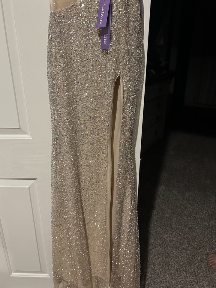 Beaded Fitted Strapless Slit Gown by Ladivine CD404