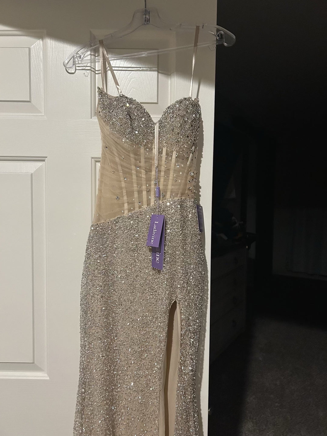 Beaded Fitted Strapless Slit Gown by Ladivine CD404