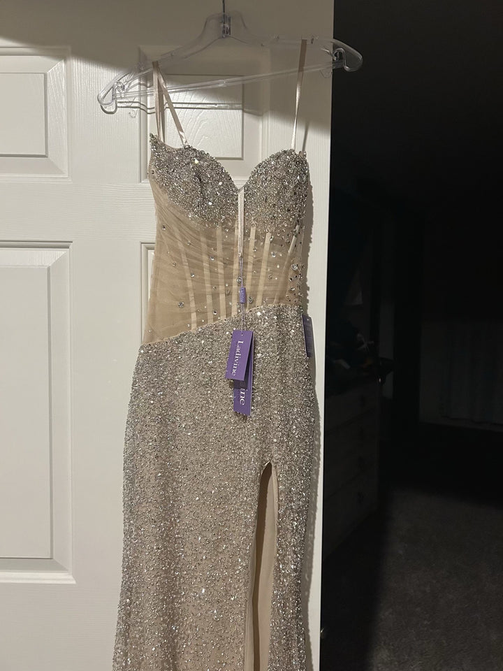 Beaded Fitted Strapless Slit Gown by Ladivine CD404