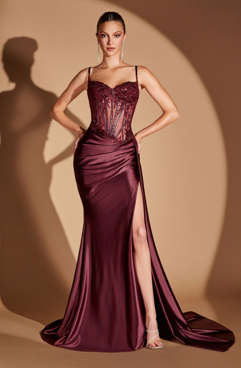 Applique Fitted Satin Corset Slit Gown by Ladivine CD868 – ABC Fashion