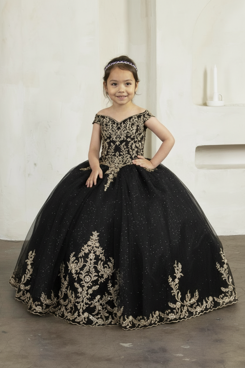 formal black dress girls A-Line Tea Length Black Tulle Dress for Girls with Sequins and Embroidery | Black / 7-8 Years (140cm)