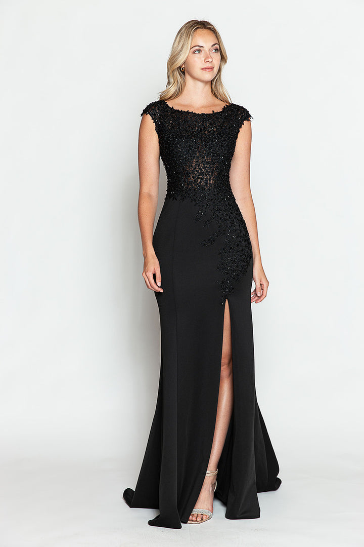 Embroidered Cap Sleeve Slit Gown by Lenovia 8343