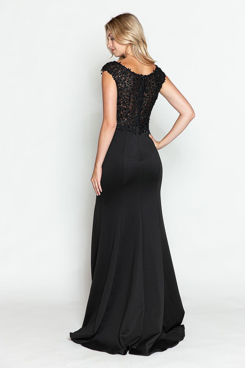 Embroidered Cap Sleeve Slit Gown by Lenovia 8343