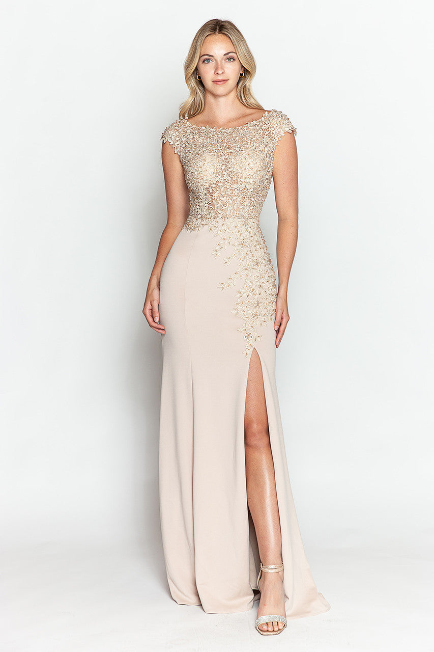 Embroidered Cap Sleeve Slit Gown by Lenovia 8343