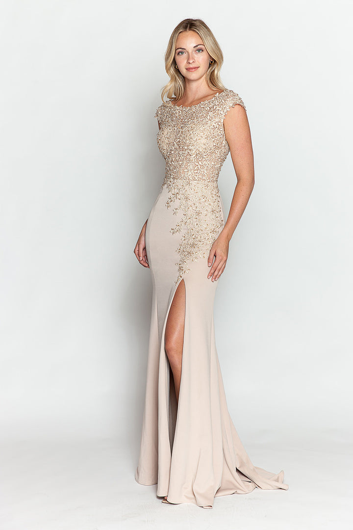 Embroidered Cap Sleeve Slit Gown by Lenovia 8343