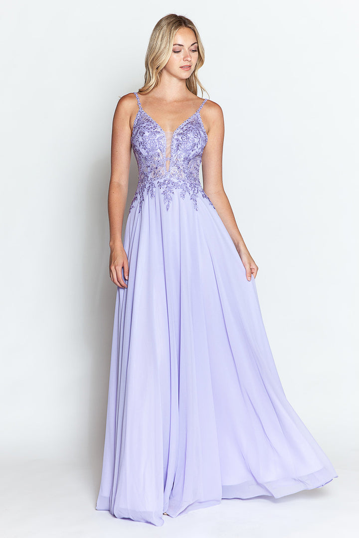 Applique Chiffon V-Neck A-line Gown by Lenovia 8185