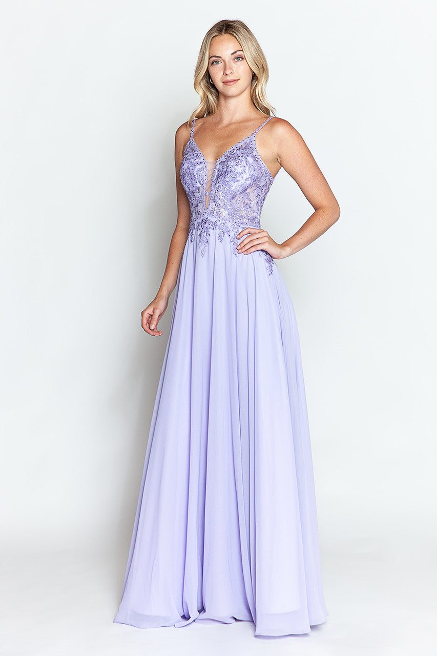 Applique Chiffon V-Neck A-line Gown by Lenovia 8185