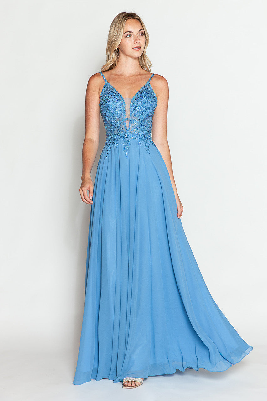 Applique Chiffon V-Neck A-line Gown by Lenovia 8185