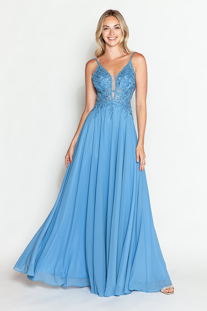 Applique Chiffon V-Neck A-line Gown by Lenovia 8185