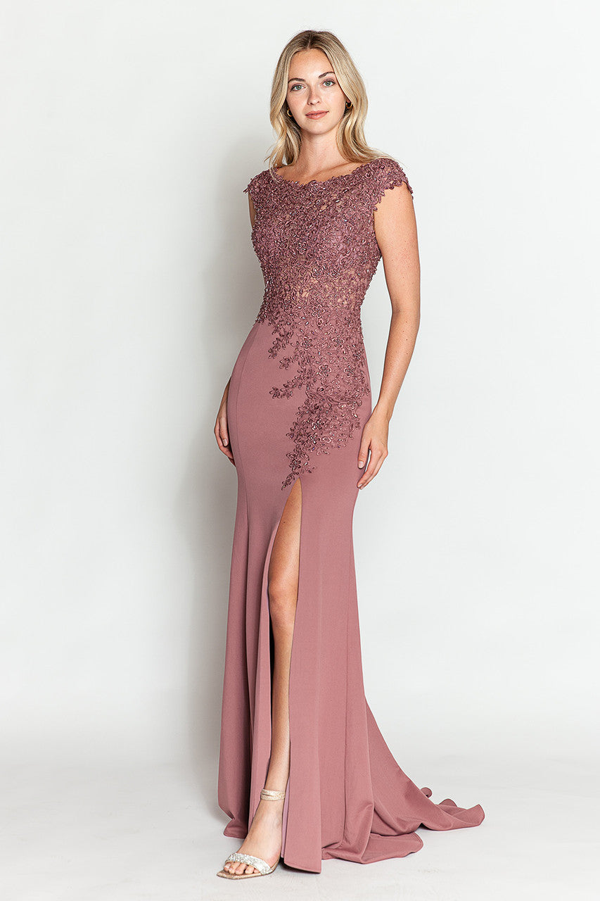 Embroidered Cap Sleeve Slit Gown by Lenovia 8343