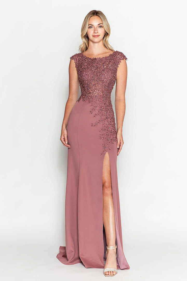 Embroidered Cap Sleeve Slit Gown by Lenovia 8343