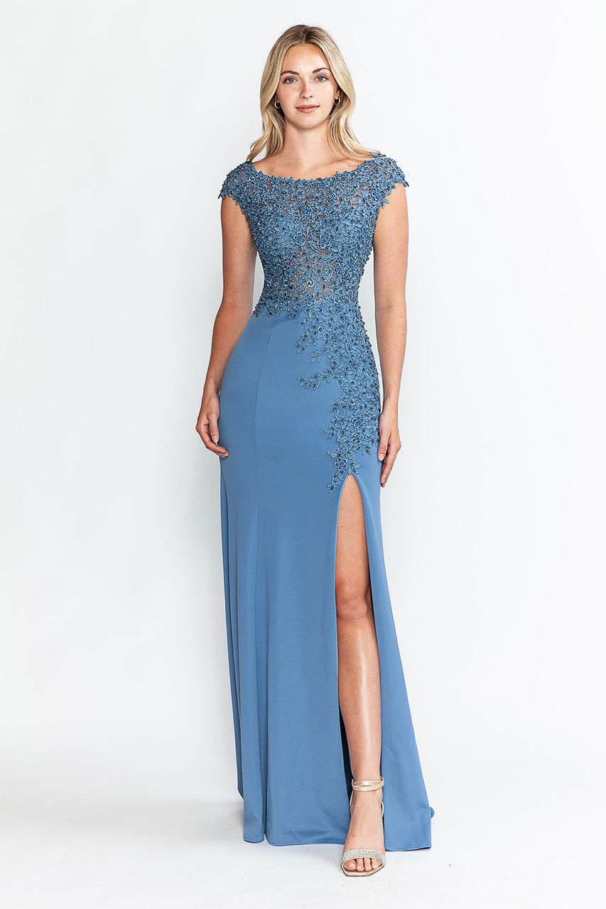 Embroidered Cap Sleeve Slit Gown by Lenovia 8343