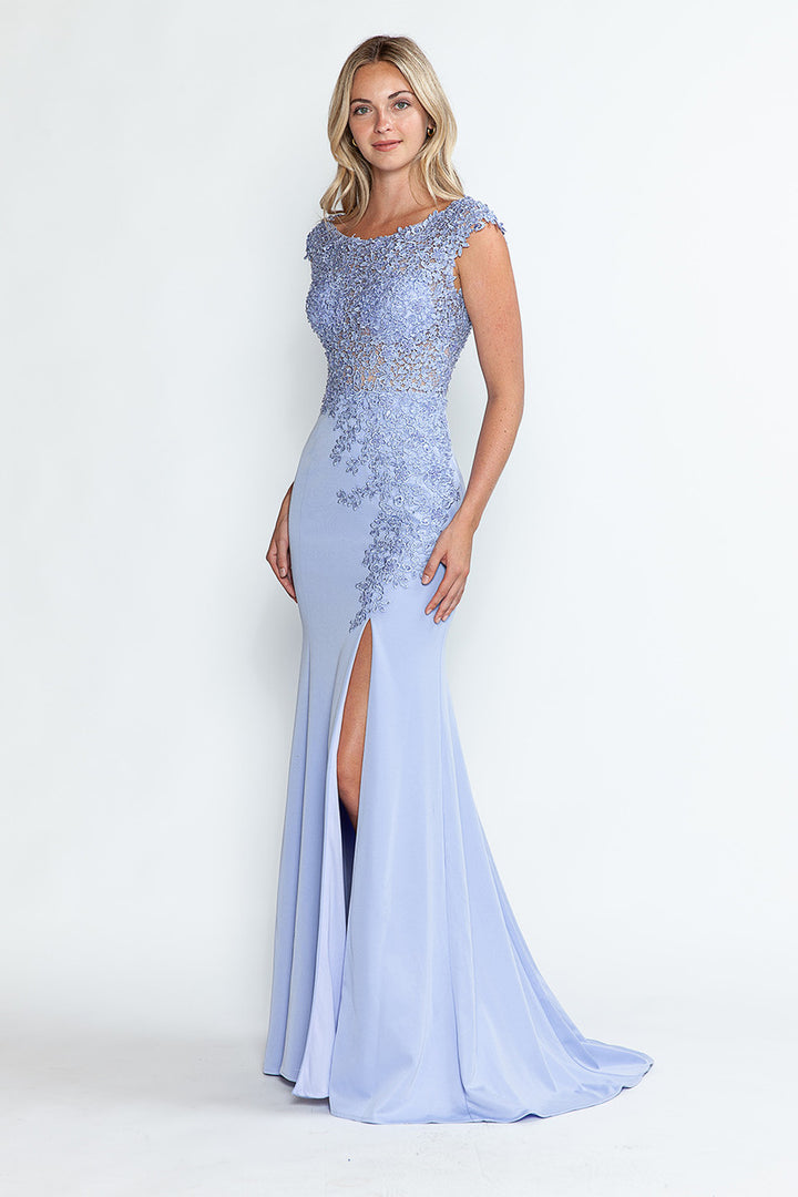 Embroidered Cap Sleeve Slit Gown by Lenovia 8343