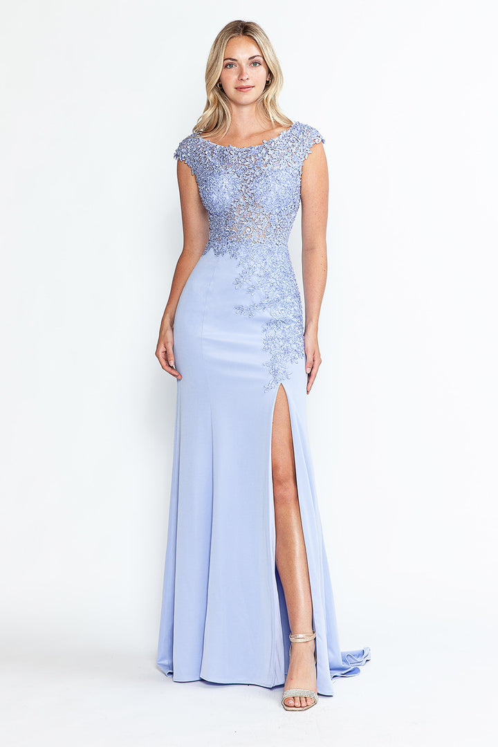 Embroidered Cap Sleeve Slit Gown by Lenovia 8343