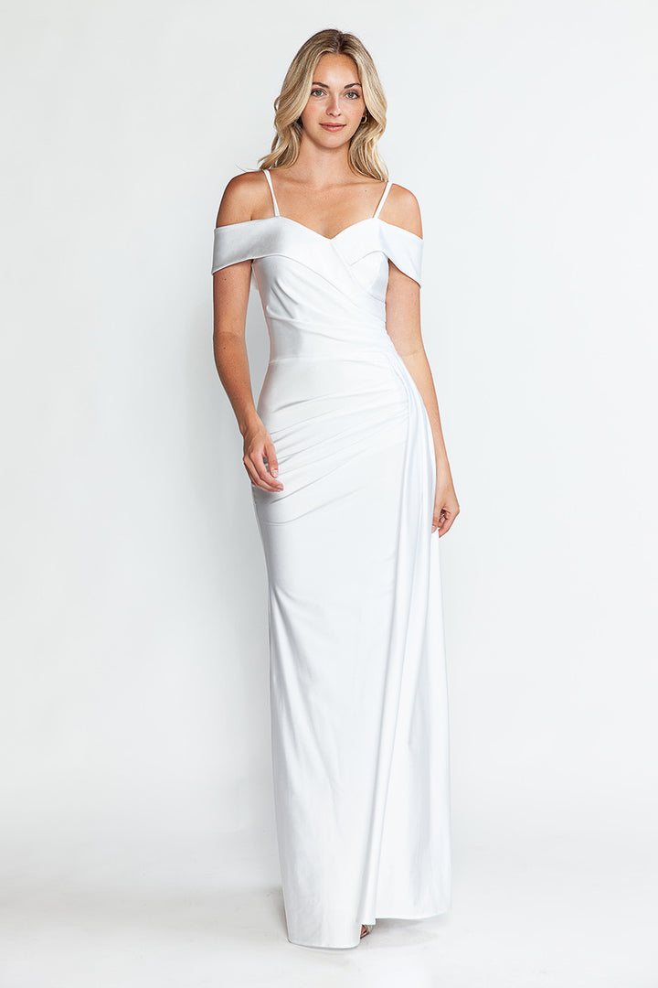Satin Fitted Cold Shoulder Slit Gown by Lenovia 5320