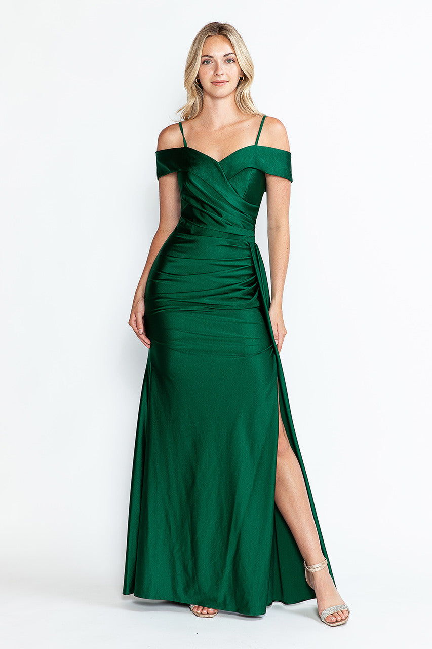 Satin Fitted Cold Shoulder Slit Gown by Lenovia 5320
