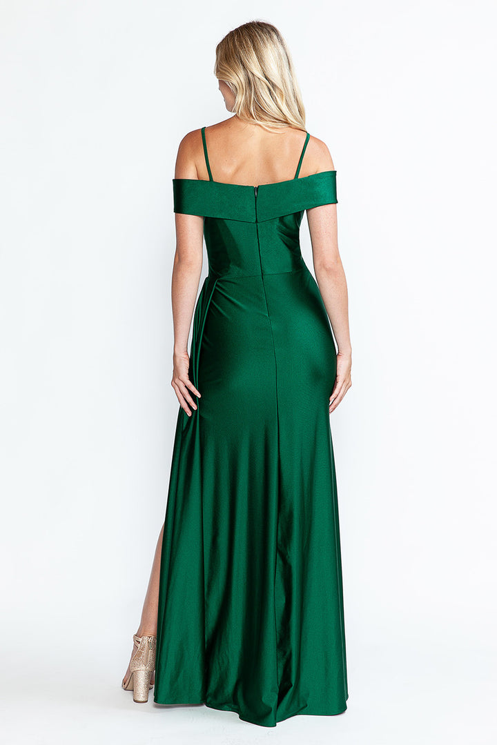 Satin Fitted Cold Shoulder Slit Gown by Lenovia 5320