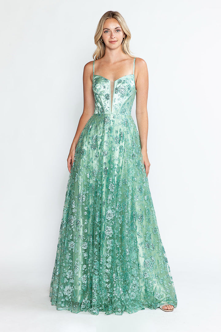 Glitter Print Sleeveless A-line Gown by Lenovia 8241