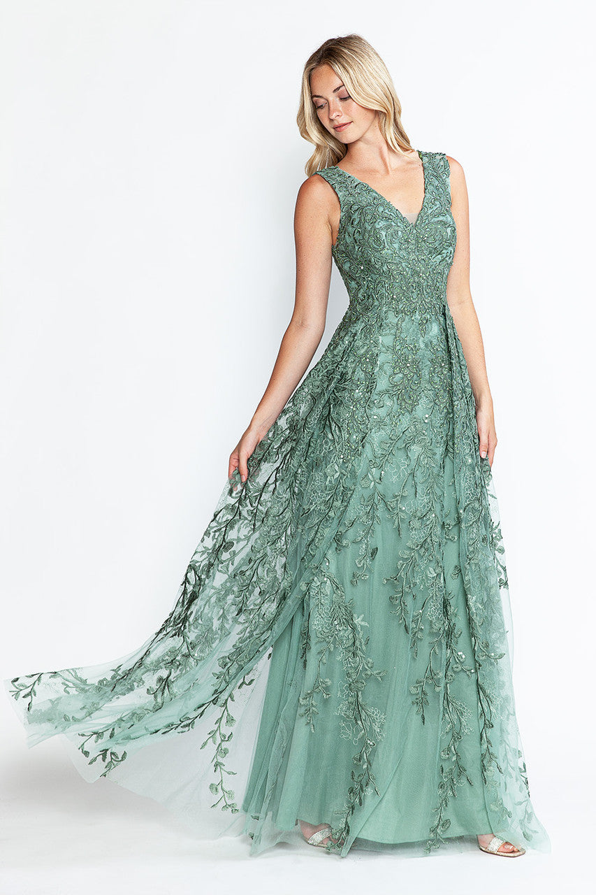 Embroidered Sleeveless A-line Gown by Lenovia 8337 3XL / Sage Embroidered Sleeveless A-line Gown by Lenovia 8337 3XL / Sage