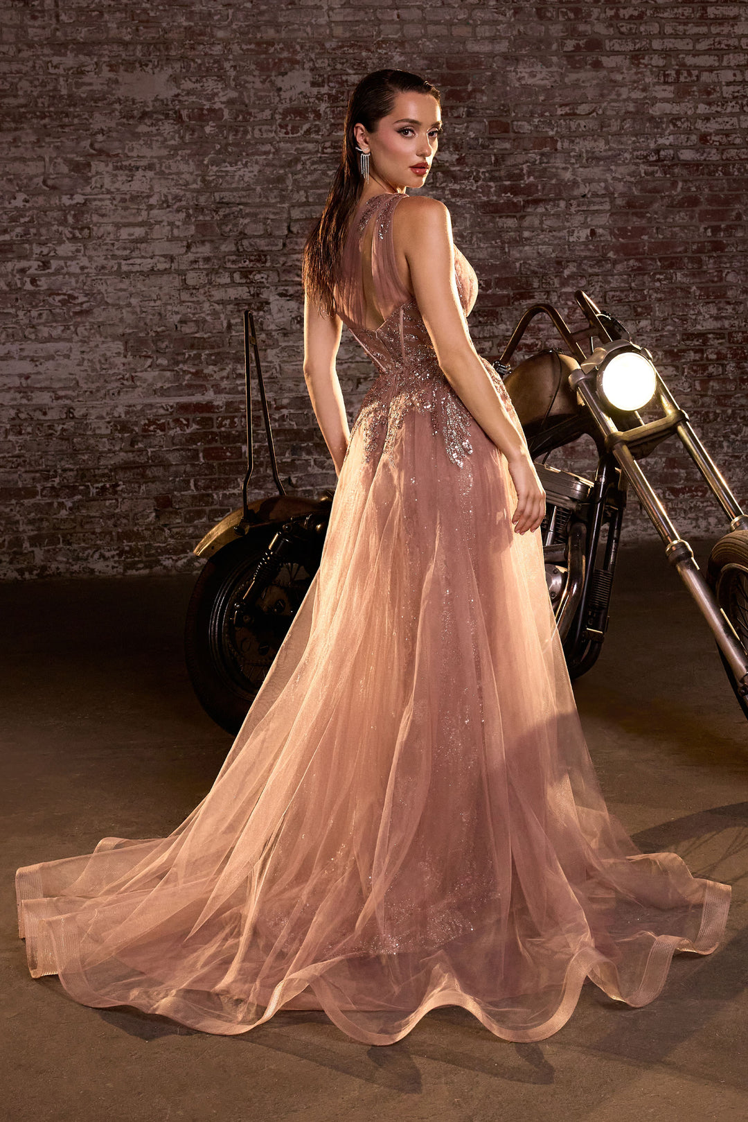 Glitter Print One Shoulder Corset Slit Gown by Ladivine J869