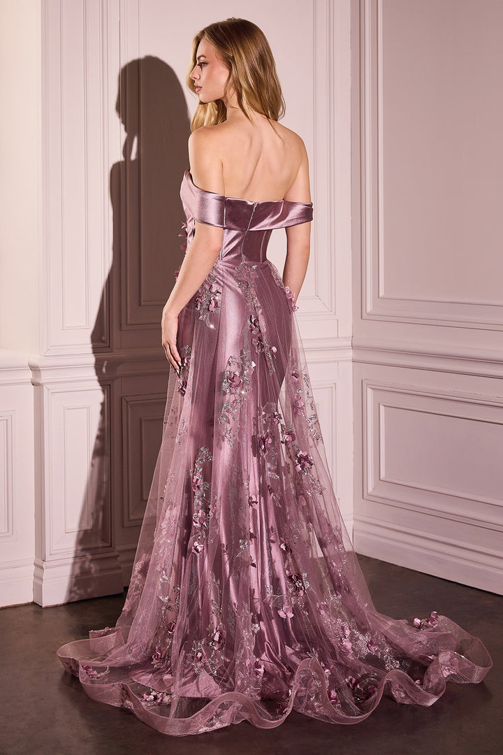 Satin Off Shoulder Tulle Overskirt Gown by Ladivine J876