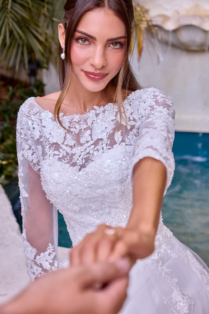 White Applique 3/4 Sleeve Gown by Ladivine J883W