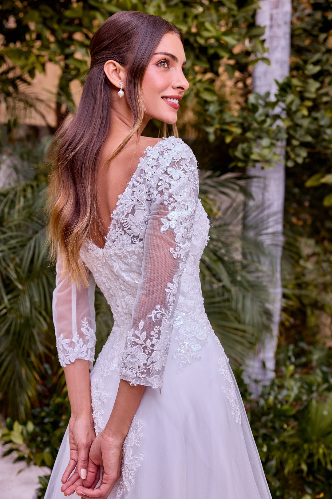 White Applique 3/4 Sleeve Gown by Ladivine J883W
