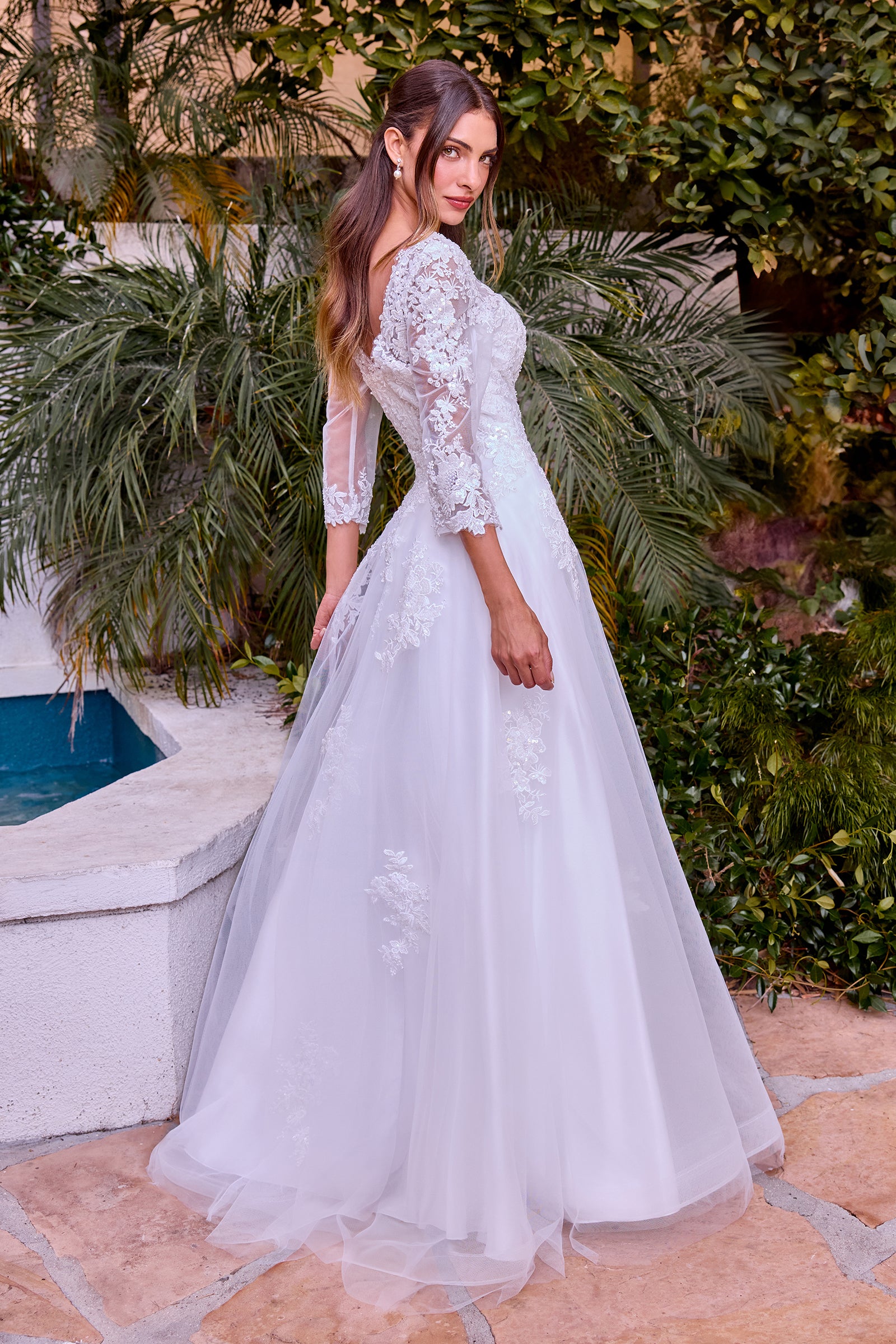White Applique 3/4 Sleeve Gown by Ladivine J883W – ABC Fashion