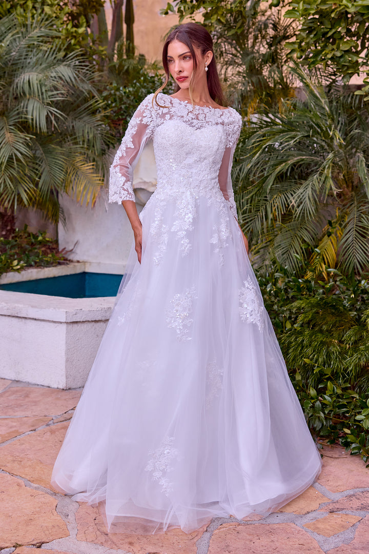 White Applique 3/4 Sleeve Gown by Ladivine J883W