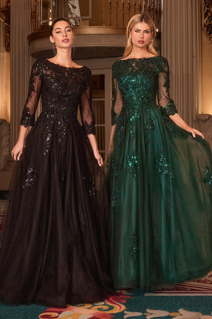 Applique Tulle 3/4 Sleeve A-line Gown by Ladivine J883 - Outlet